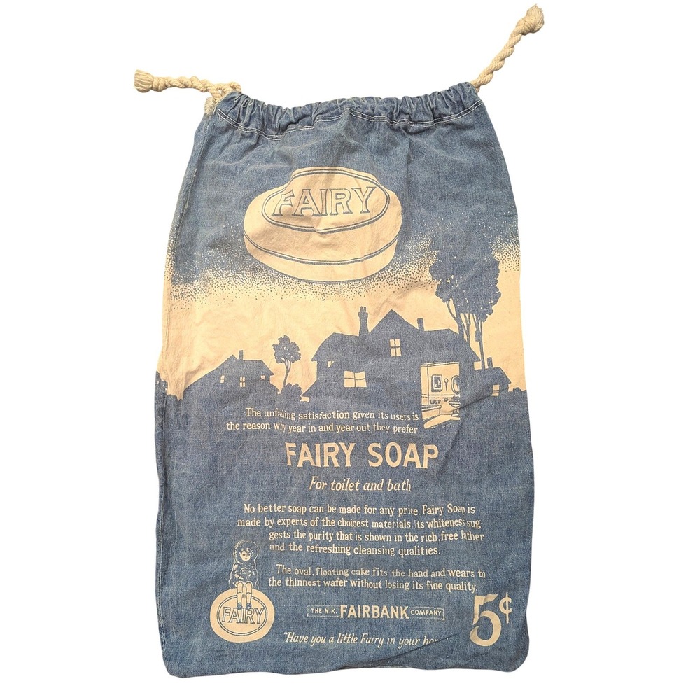 Antique Fairy Soap Indigo Denim  Laundry Bag N.K. Fairbank Co Advertising Art